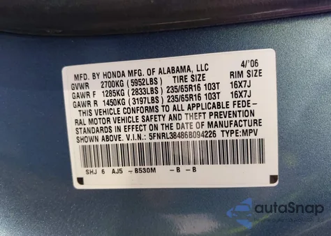 2006 Honda Odyssey Ex z USA, uszkodzony, nr VIN 5FNRL38486B094226